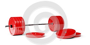 Barbell with chrome handle and red plates in front on white background, sport, fitness, exercise or weightlift concept