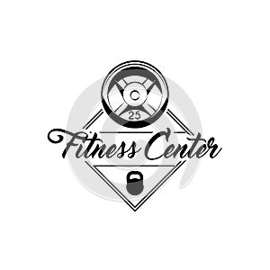 Barbell disks, Kettlebell. Fitness center label emblem. Sport equipment. Bodybuilding logo. Vector.