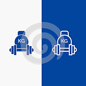 Barbell, Dumbbell, Equipment, Kettle bell, Weight Line and Glyph Solid icon Blue banner Line and Glyph Solid icon Blue banner