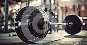 Barbell on the floor in the gym. Horizontal banner for a gym