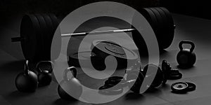 Barbell, kettlebells and dumbbells with black plates on floor on black mats background, sport, fitness, exercise or weightlift