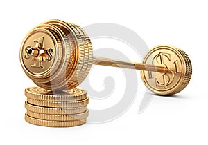 Barbell on a piles coins. Big business concept. Earnings in sports competitions