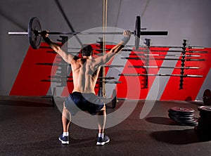 Barbell weight lifting man rear view workout gym