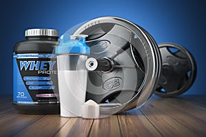 Barbell and whey protein shaker. Sports bodybuilding supplements
