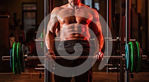 Barbells workout. Muscular man workout with barbell at gym. Bodybuilder athletic man with six pack, perfect abs