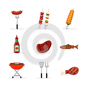 Barbeque food flat illustrations set
