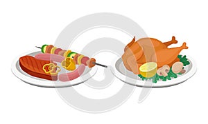 Barbeque Food with Grilled Meat and Roasted Chicken Served on Plate Vector Set