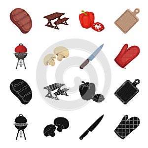 Barbeque grill, champignons, knife, barbecue mitten.BBQ set collection icons in black,cartoon style vector symbol stock