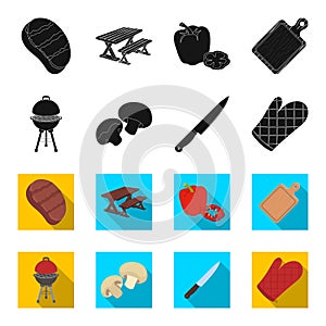 Barbeque grill, champignons, knife, barbecue mitten.BBQ set collection icons in black,flet style vector symbol stock