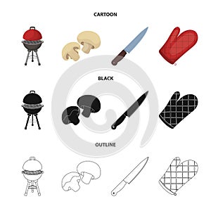 Barbeque grill, champignons, knife, barbecue mitten.BBQ set collection icons in cartoon,black,outline style vector