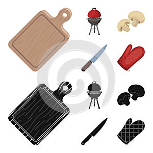 Barbeque grill, champignons, knife, barbecue mitten.BBQ set collection icons in cartoon,black style vector symbol stock