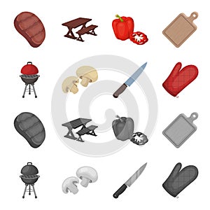 Barbeque grill, champignons, knife, barbecue mitten.BBQ set collection icons in cartoon,monochrome style vector symbol