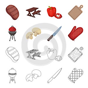 Barbeque grill, champignons, knife, barbecue mitten.BBQ set collection icons in cartoon,outline style vector symbol