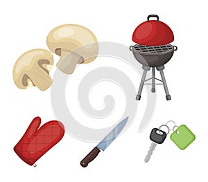 Barbeque grill, champignons, knife, barbecue mitten.BBQ set collection icons in cartoon style vector symbol stock