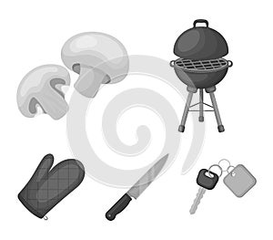 Barbeque grill, champignons, knife, barbecue mitten.BBQ set collection icons in monochrome style vector symbol stock