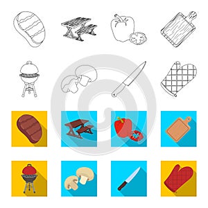Barbeque grill, champignons, knife, barbecue mitten.BBQ set collection icons in outline,flet style vector symbol stock