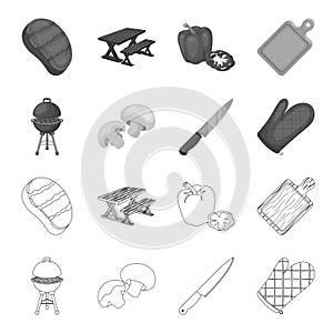 Barbeque grill, champignons, knife, barbecue mitten.BBQ set collection icons in outline,monochrome style vector symbol