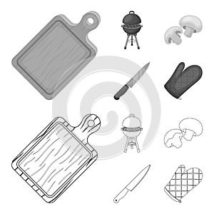 Barbeque grill, champignons, knife, barbecue mitten.BBQ set collection icons in outline,monochrome style vector symbol