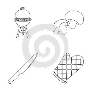 Barbeque grill, champignons, knife, barbecue mitten.BBQ set collection icons in outline style vector symbol stock