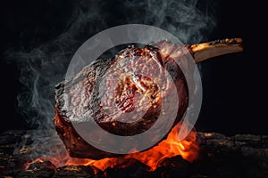Barbeque grill tomahawk steak on fire flame. Generate ai