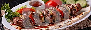 Barbeque Meat Shaverma, Doner Kebab with Vegetables, Tortilla Rolls Stuffed with Fried Beef