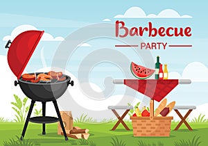 Barbeque party outdoors colorful flat vector illustration