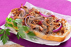 Barbeque Pulled Pork ciabatta open Sandwich, top view