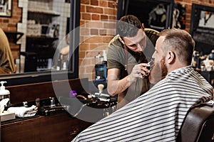 Barber and bearded man in barber shop