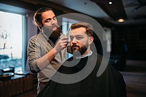 Barber combing hair of the client in salon cape