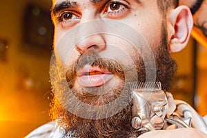 Barber cuts a beard of vintage hair clippers to a young handsome guy with a beard and mustache.