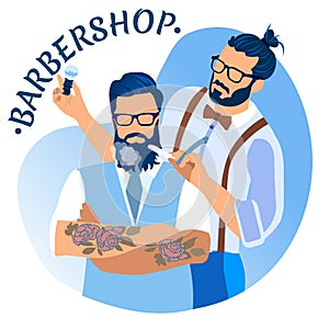 Barber Cutting Customers Beard in Barbershop.