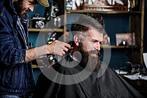 Barber with hair clipper works on haircut of bearded guy barbershop background. Hipster client getting haircut. Hipster