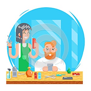 Barber hipster geek online mobile character male and female master haircuts icon on stylish background Flat Design