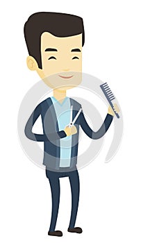 Barber holding comb and scissors in hands.