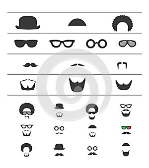 Barber icon flat set. Mustache, beard, glasses, hat, afro hair symbols. Hipster style, male fashion. Vector illustrated masque