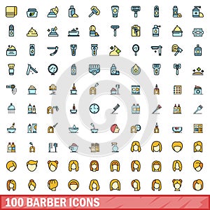 100 barber icons set, color line style