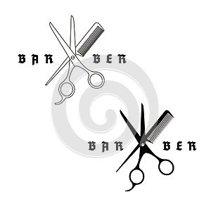 Barber - image of scissors and comb. Hairdresser`s tools. Banner, blank, template, logo.