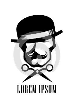 Barber man logo design concept, scissors and hipster man sign