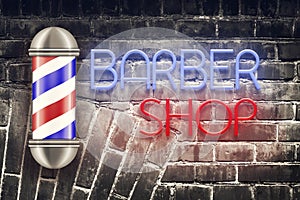 Barber pole on the background of the old brick wall. Neon inscription Barber Shop. Concept Barber Shop.