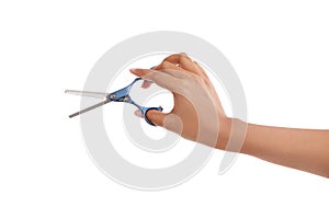 Barber, scissors and hand of person in studio for hair care and beauty on white background. Hairdresser, tools and blade