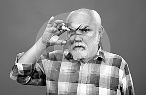 Barber scissors. Portrait of old bald man bearded man with grey moustache beard.