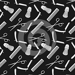 Barber Shop background, seamless pattern with hairdressing scissors, shaving brush, razor, and comb.