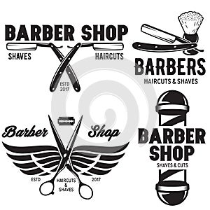 Barber shop badges set. Barbers hand lettering. Design elements collection for logo, labels, emblems