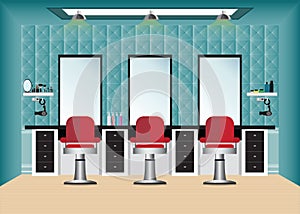 Barber shop with barber chair and mirror.
