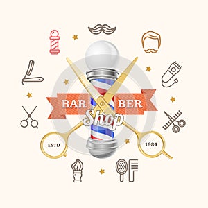 Barber Shop Emblem with Gold Scissors and Pole. Vector