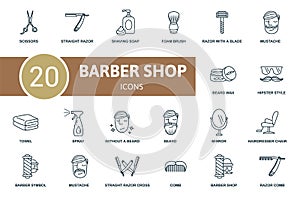 Barber Shop icon set. Collection contain scissors, foam brush, comb and over icons. Barber Shop elements set.