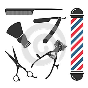 barber shop icon set with scissors, razor, comb, manual clipper and shaving brush