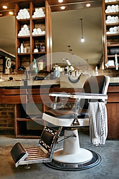 Barber Shop Interior. Men Beauty Hair Salon With Antique Chair