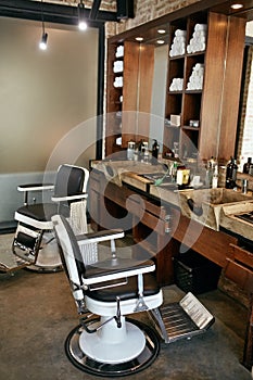 Barber Shop Interior. Men Beauty Hair Salon With Antique Chair