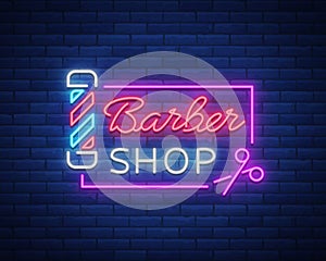 Barber shop logo neon sign, logo design elements. Can be used as a header or template for logos, labels, cards. Neon